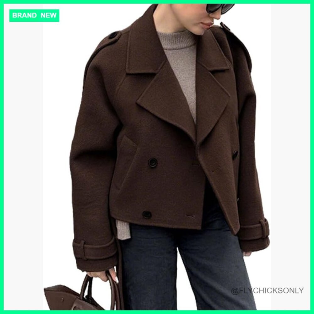 Wool Blend Crop Pea Coat Lapel Collar Trench Style Jacket